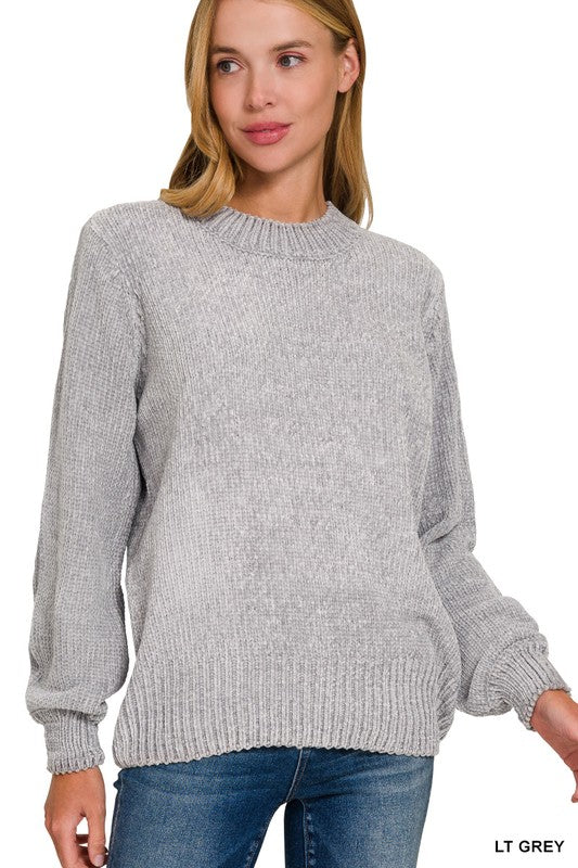 Balloon Sleeve Chenille Sweater Grey