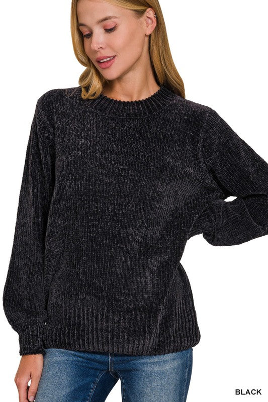 Balloon Sleeve Chenille Sweater Black