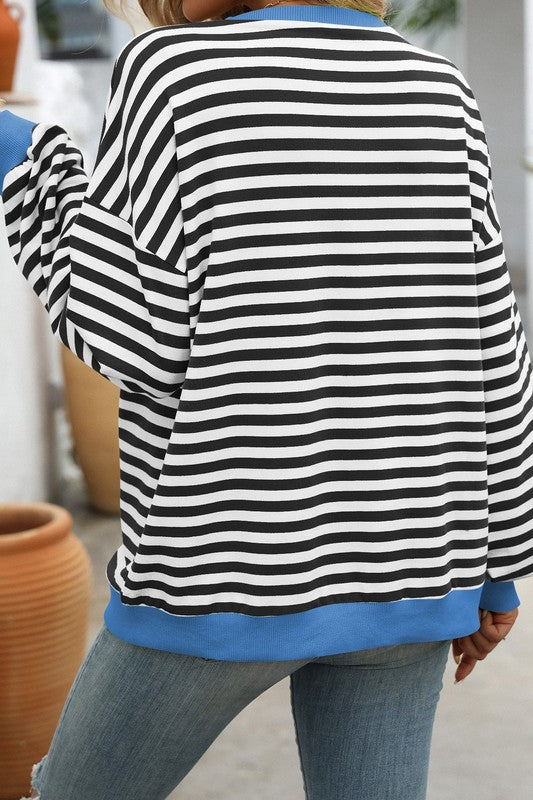 Round Neck Striped Print Sweatshirt Black White