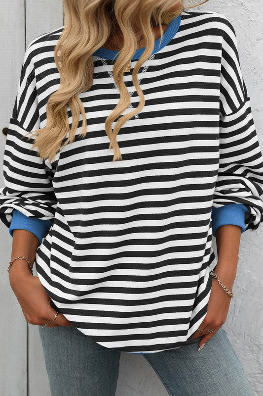 Round Neck Striped Print Sweatshirt Black White