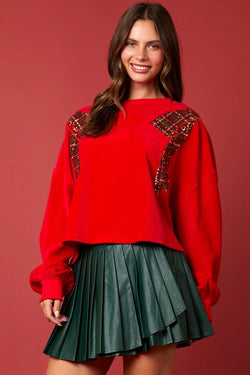 Corduroy Christmas Bow Sequin Sweater Red