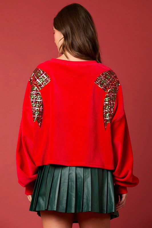 Corduroy Christmas Bow Sequin Sweater Red