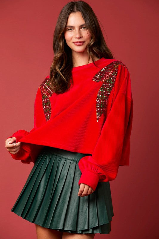 Corduroy Christmas Bow Sequin Sweater Red