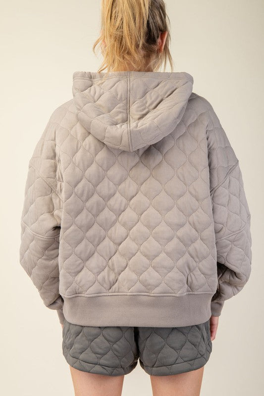 Quilted Quarter Zip Hoodie Jacket Stone Taupe