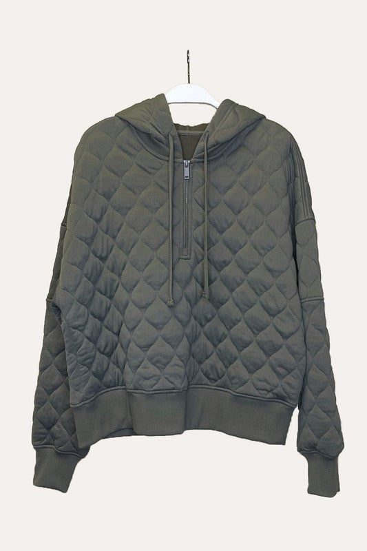 Quilted Quarter Zip Hoodie Jacket Army Green