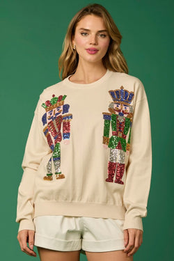 Nutcracker Sequin Loose Fit Sweater Cream