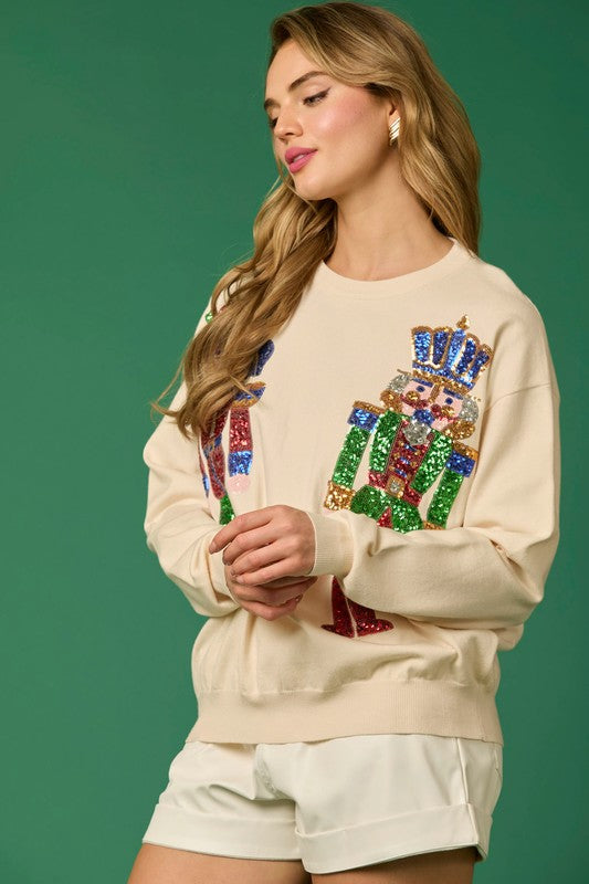 Nutcracker Sequin Loose Fit Sweater Cream