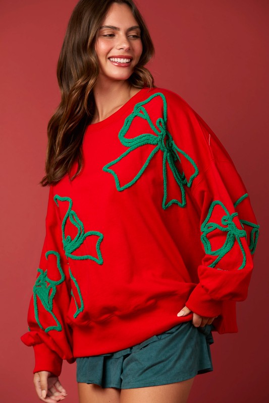 Christmas Bows Sweatshirt Top Red