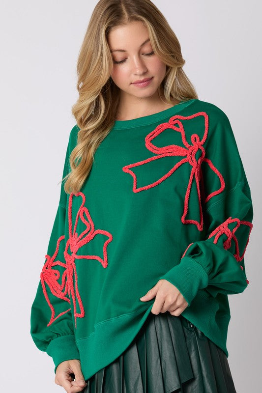 Christmas Bows Sweatshirt Top Green