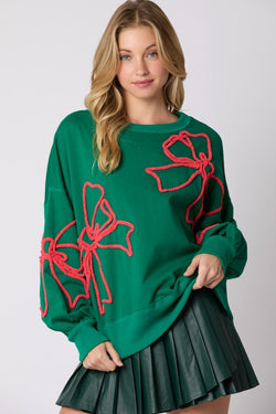 Christmas Bows Sweatshirt Top Green