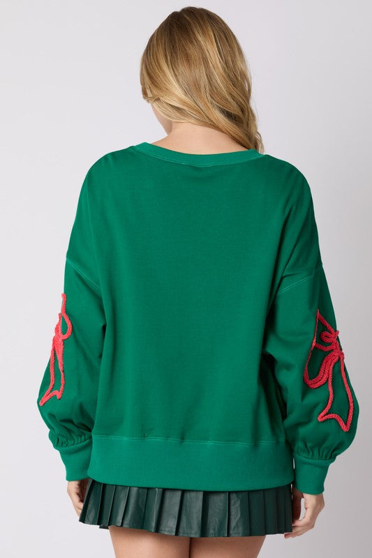 Christmas Bows Sweatshirt Top Green