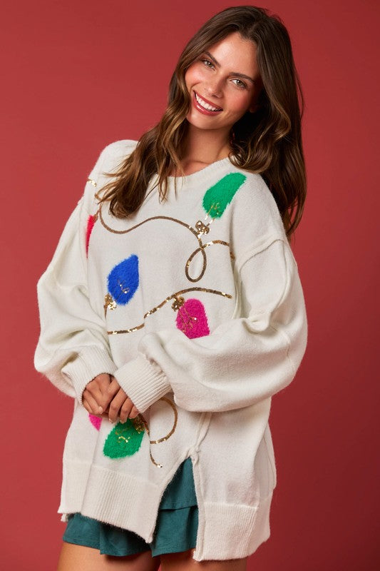 Christmas Lights Sequins & Fur Sweater Cream