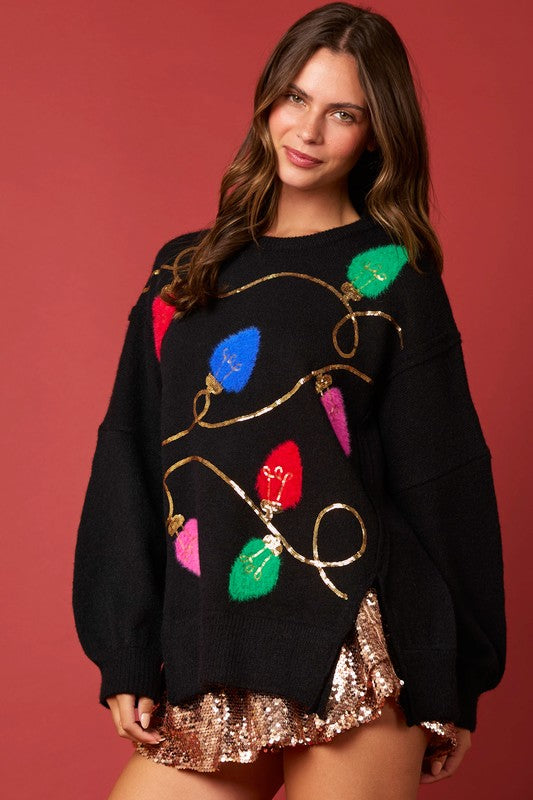 Christmas Lights Sequins & Fur Sweater Black