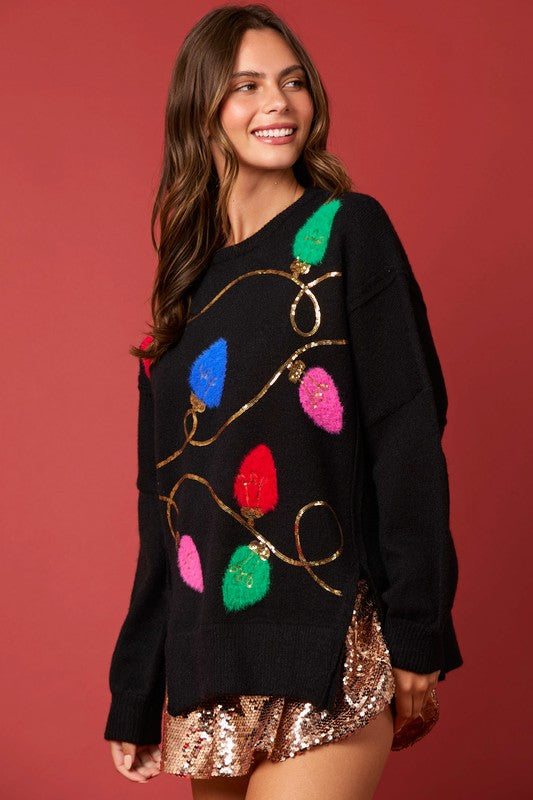 Christmas Lights Sequins & Fur Sweater Black