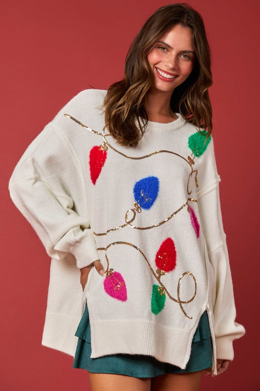 Christmas Lights Sequins & Fur Sweater Cream