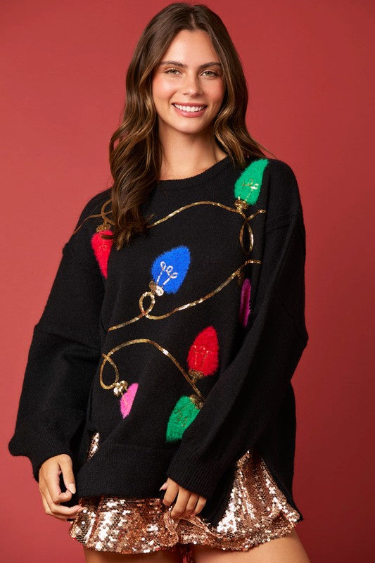 Christmas Lights Sequins & Fur Sweater Black