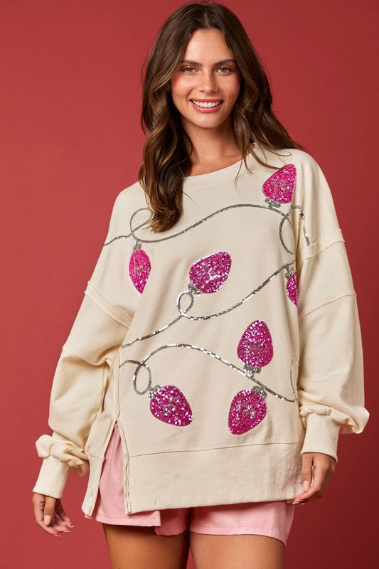 Christmas Lights Sequins Sweatshirt Top Cream