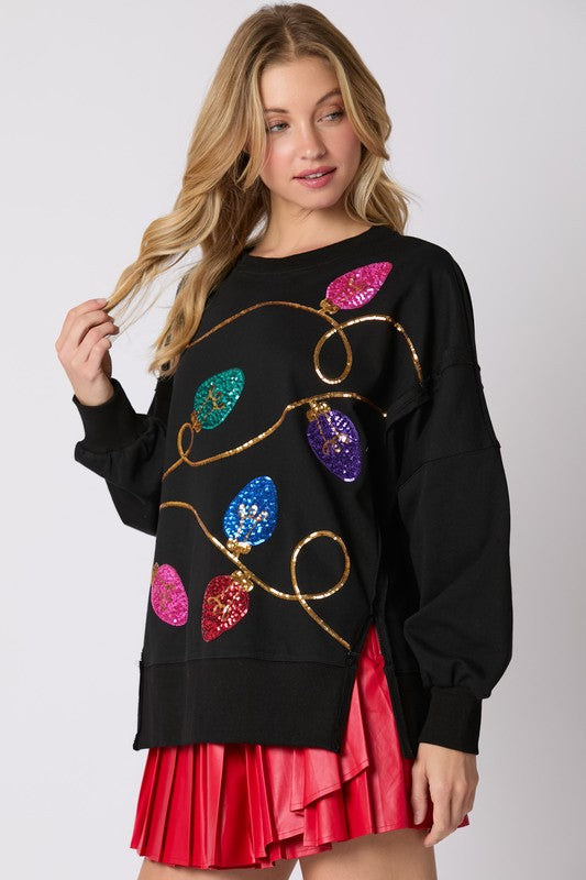 Christmas Lights Sequins Sweatshirt Top Black