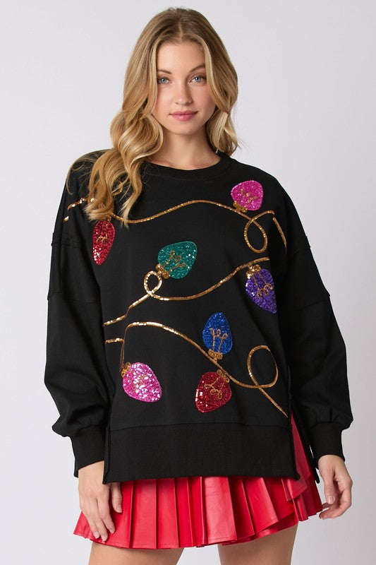 Christmas Lights Sequins Sweatshirt Top Black