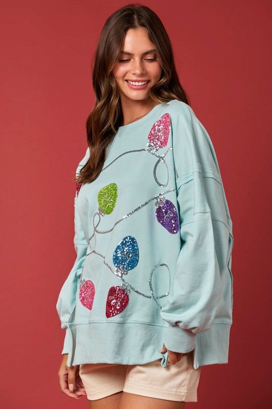 Christmas Lights Sequins Sweatshirt Top Baby Blue