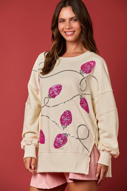 Christmas Lights Sequins Sweatshirt Top Cream