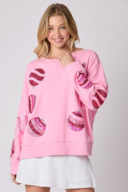 Sequin Christmas Ornament Sweatshirt Pink