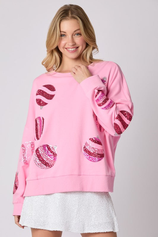 Sequin Christmas Ornament Sweatshirt Pink