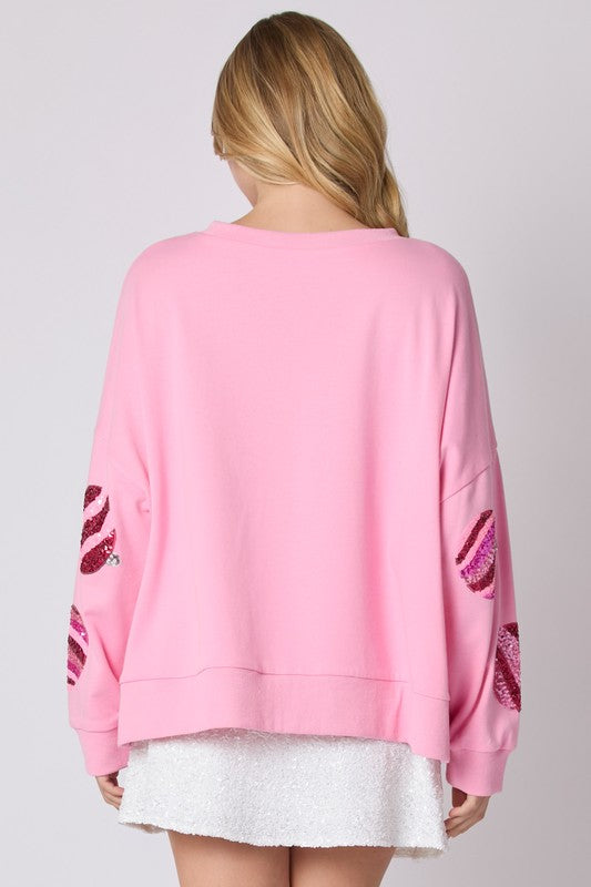 Sequin Christmas Ornament Sweatshirt Pink