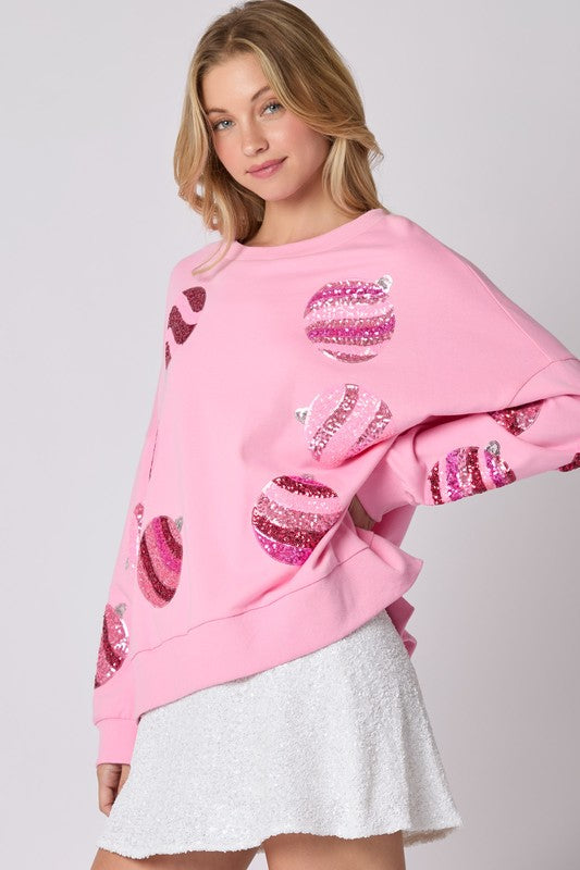 Sequin Christmas Ornament Sweatshirt Pink