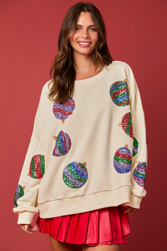 Sequin Christmas Ornament Sweatshirt Cream