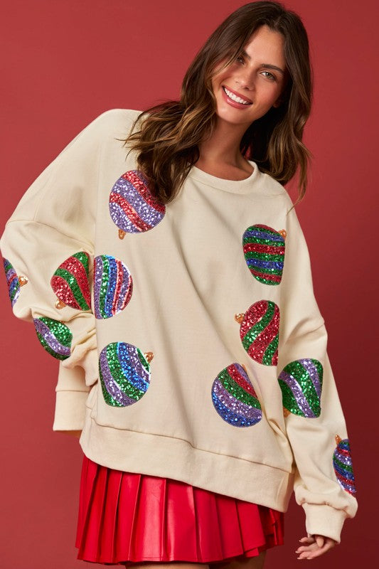 Sequin Christmas Ornament Sweatshirt Cream