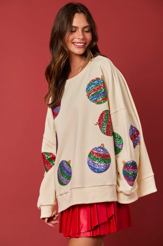 Sequin Christmas Ornament Sweatshirt Cream