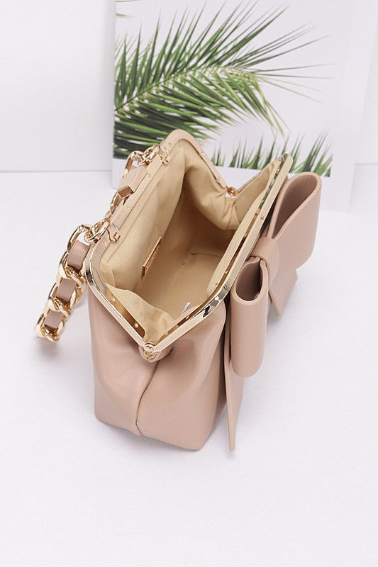 Bow Tie Top Handle Convertible Swing Bag Beige