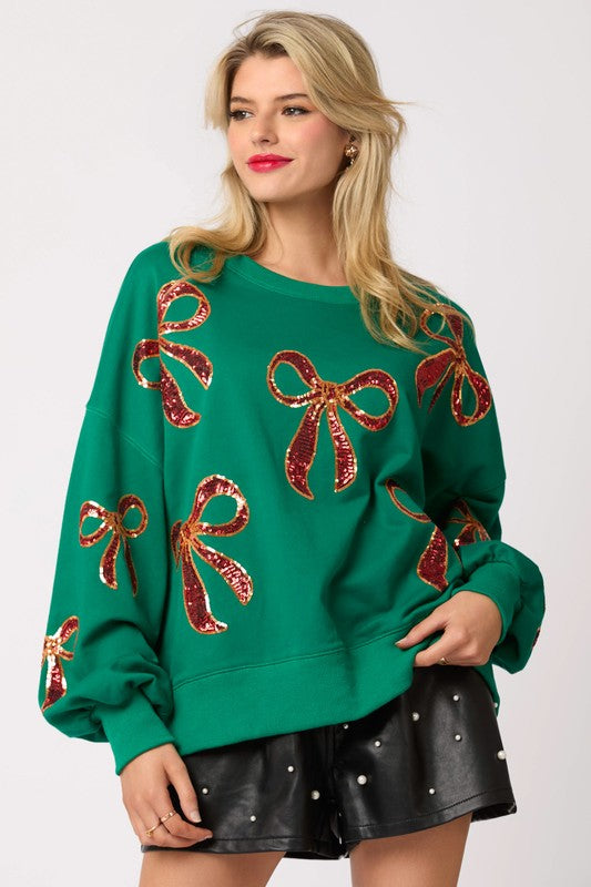 Christmas Bows Sequins Sweatshirt Green