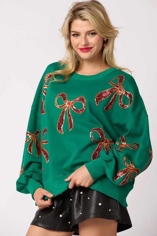 Christmas Bows Sequins Sweatshirt Green