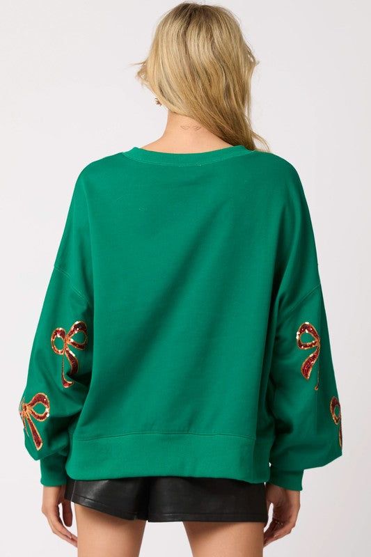 Christmas Bows Sequins Sweatshirt Green