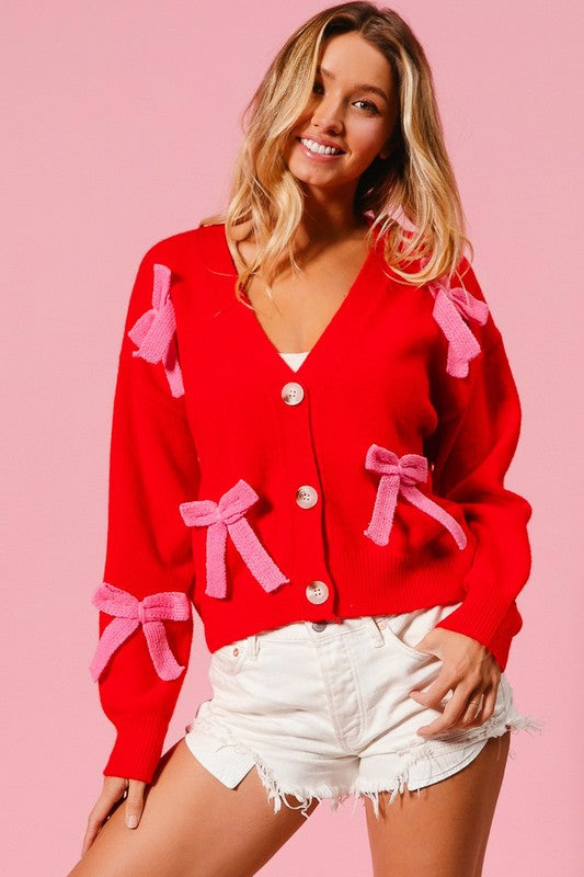 Ribbon Bow Sweater Cardigan Red/Pink