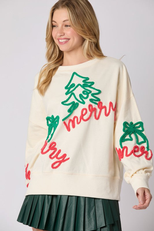 'Merry' Thread Embroidery Sweatshirt Top Cream