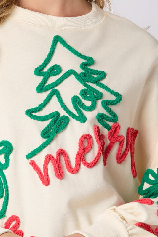 'Merry' Thread Embroidery Sweatshirt Top Cream