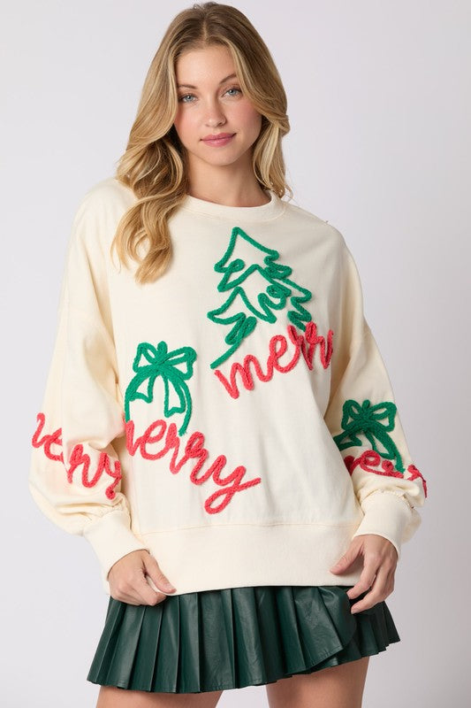 'Merry' Thread Embroidery Sweatshirt Top Cream