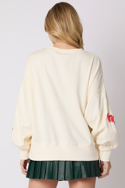 'Merry' Thread Embroidery Sweatshirt Top Cream