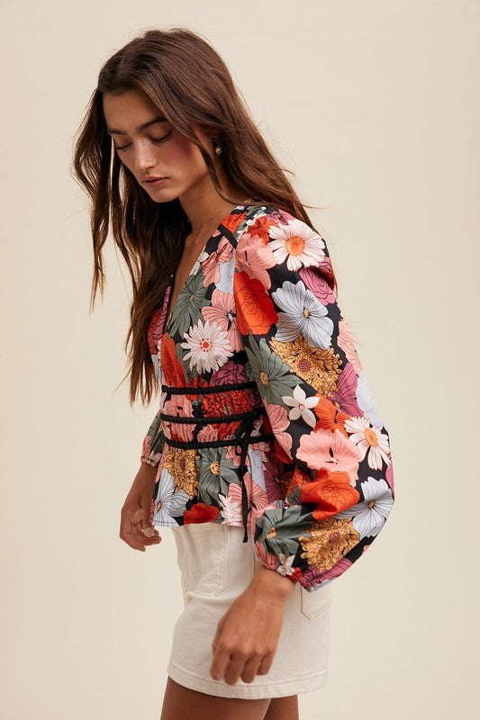 Floral Print V-neck Blouse Top Black