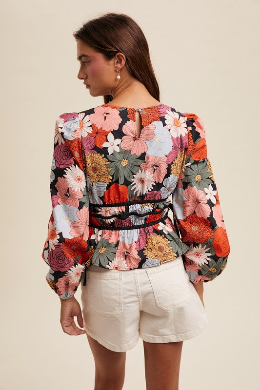 Floral Print V-neck Blouse Top Black