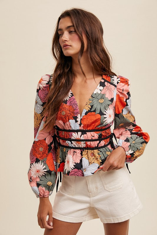 Floral Print V-neck Blouse Top Black