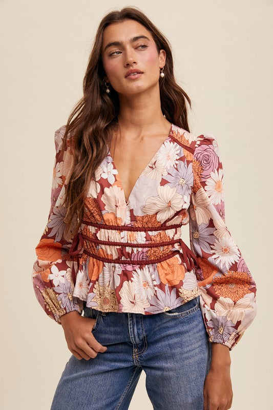 Floral Print V-neck Blouse Top Rust