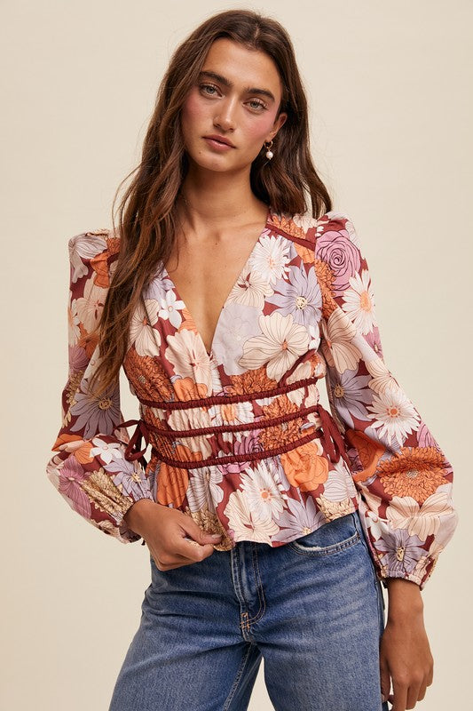 Floral Print V-neck Blouse Top Rust