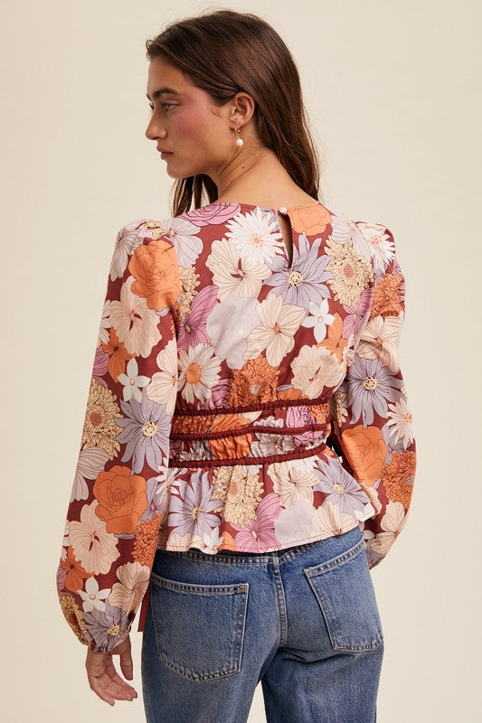 Floral Print V-neck Blouse Top Rust