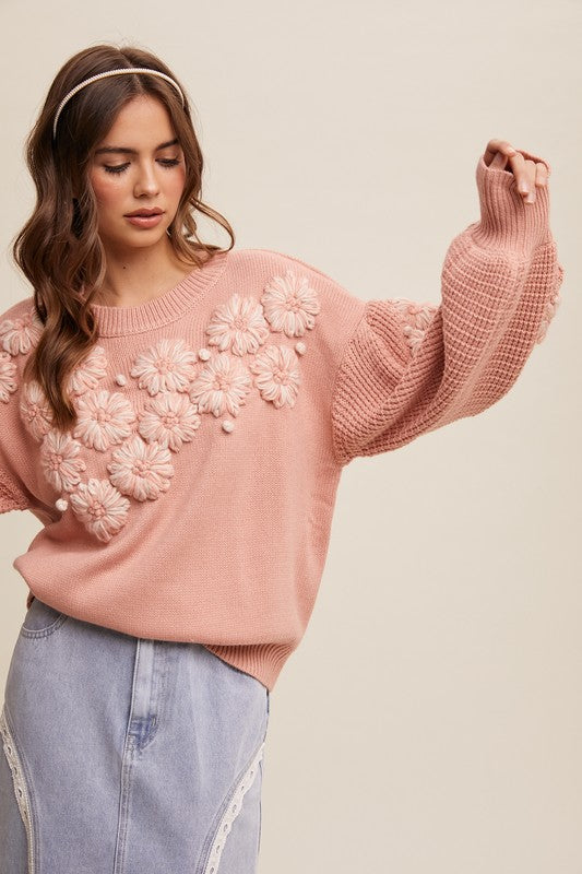 Embroidered Flower Detail Knit Sweater Blush