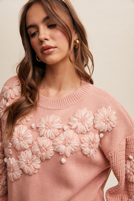 Embroidered Flower Detail Knit Sweater Blush