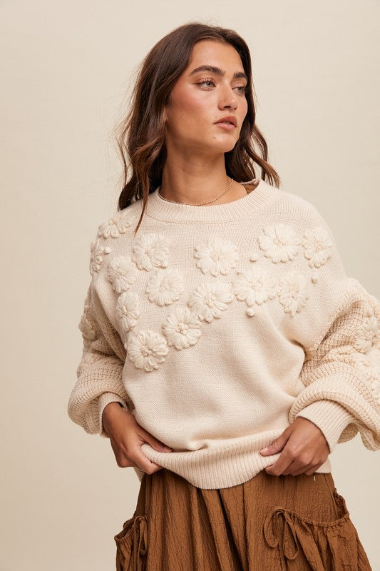 Embroidered Flower Detail Knit Sweater Ivory